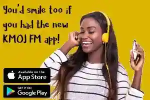 KMOJ FM app promotional graphic — opens the Apple App Store listing in a new tab