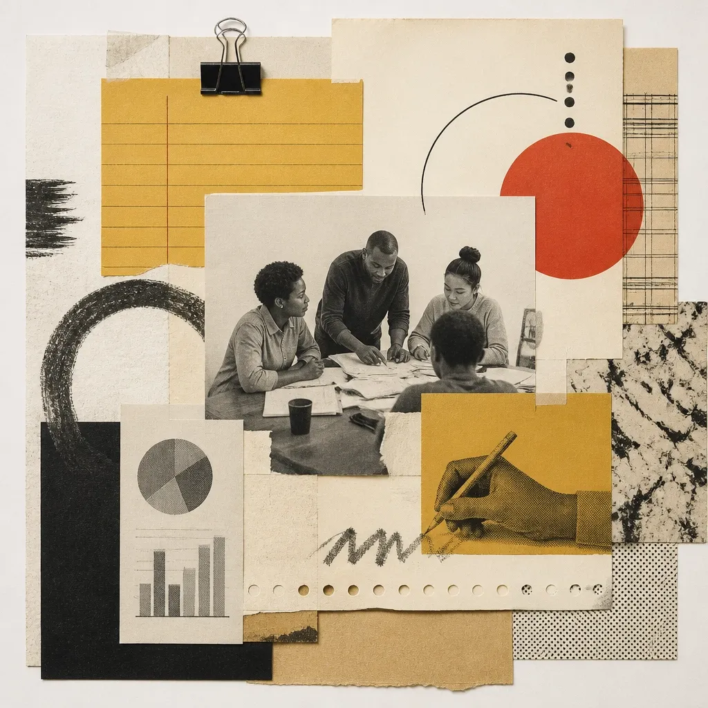 Mustard index cards and paper notes arranged as an editorial collage